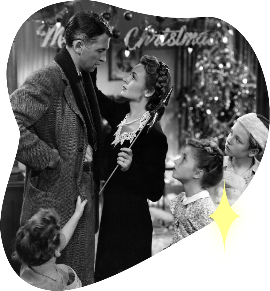 Director: Frank Capra, George Bailey: James Stewart, Mary Hatch: Donna Reed, Janie: Carol Coombs, Zuzu: Karolyn Grimes, Pete: Larry Simms, Tommy: Jimmy Hawkins