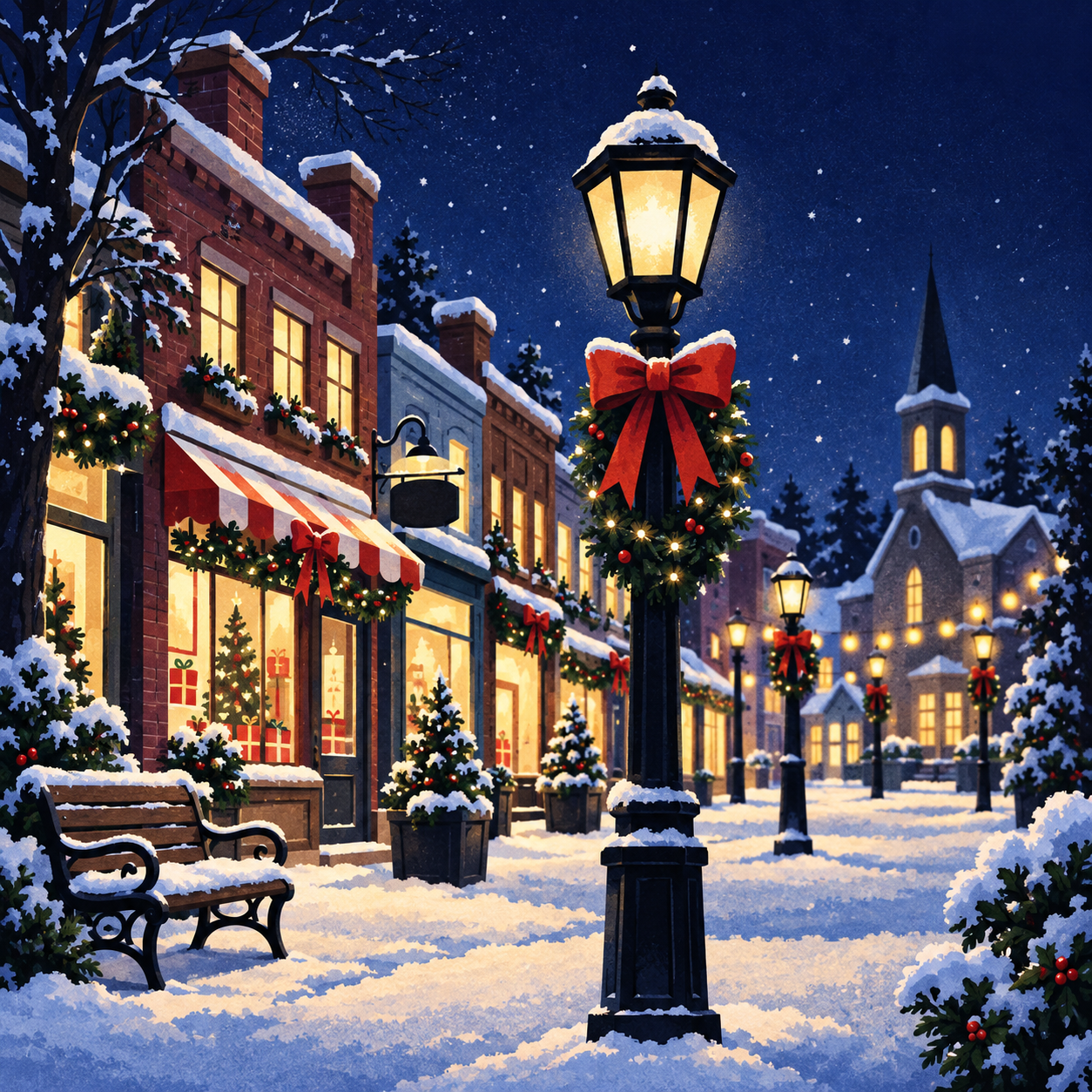 Winter illustration of a decorated streetlamp on a snowy town street